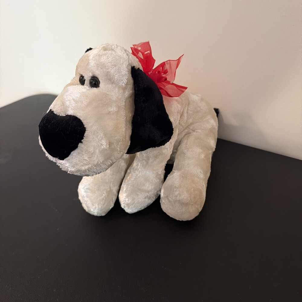 Dan Dee PUPPY DOG White & Black Soft Floppy Laying Plush Red Bow Heart Nose